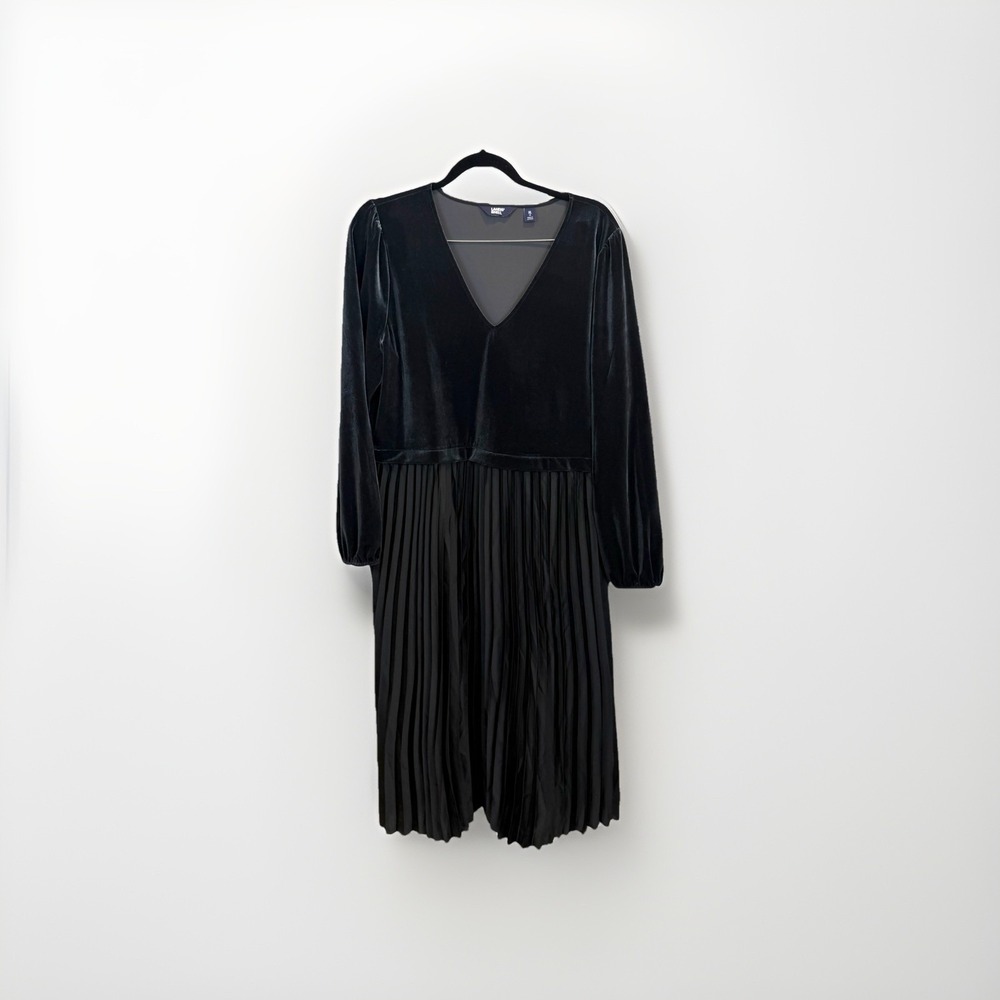 Lands'‎ End Women's XL 18 Black Velvet and Satin Duet Midi Dress Pleated